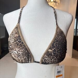 BECCA Women's Leopard Triangle Tassel Bikini Top, Swimwear Separates